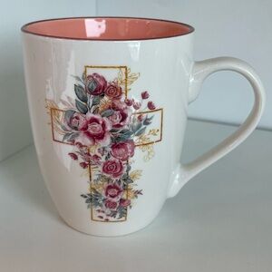 Floral Cross Ceramic Mug with Pink Interior NWT